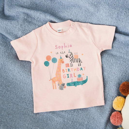 Personalised Safari Birthday Girl Pink T-Shirt