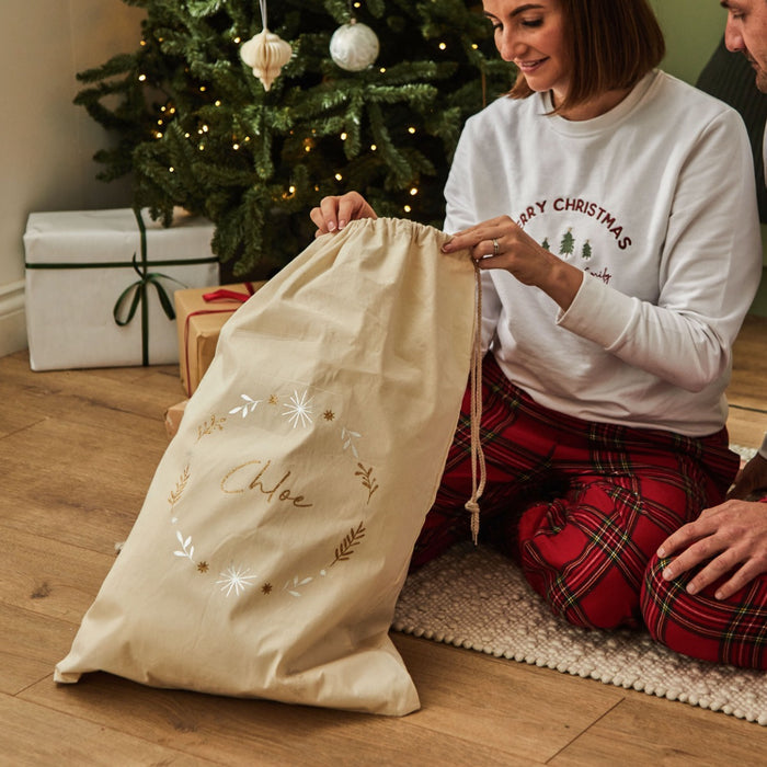Personalised Snowflake Gold & Silver Canvas Gift Sack
