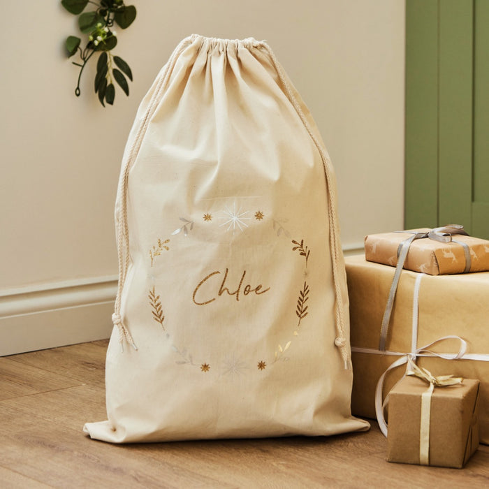 Personalised Snowflake Gold & Silver Canvas Gift Sack