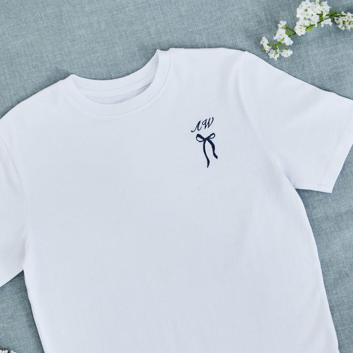 Personalised Something Blue Bow Embroidered White T-Shirt