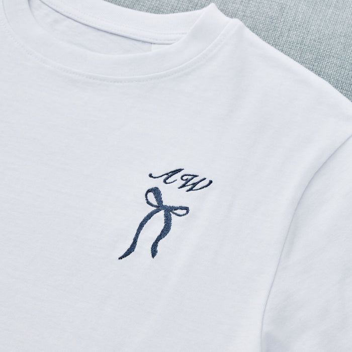 Personalised Something Blue Bow Embroidered White T-Shirt