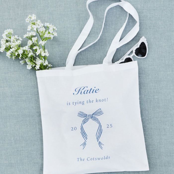 Personalised Something Blue Tying The Knot Tote Bag in White