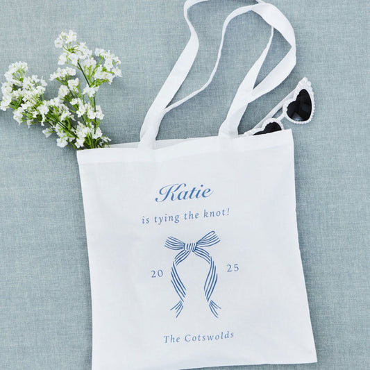 Personalised Something Blue Tying The Knot Tote Bag in White