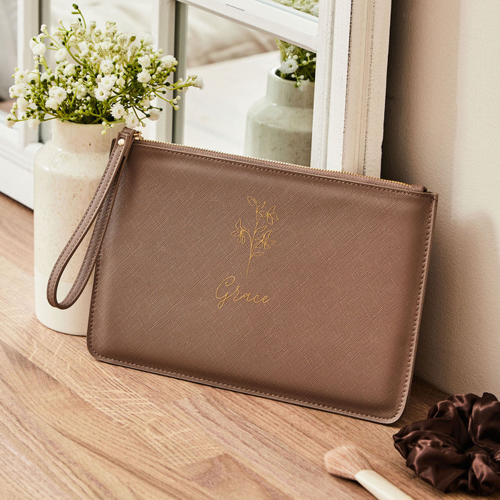 Personalised Taupe Birth Flower Name Pouch