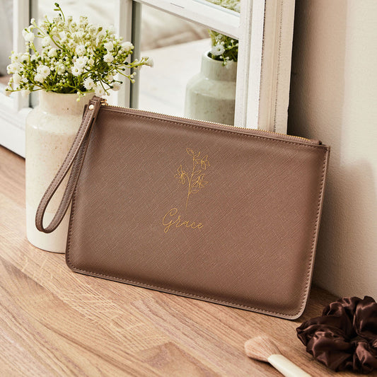 Personalised Taupe Birth Flower Name Pouch