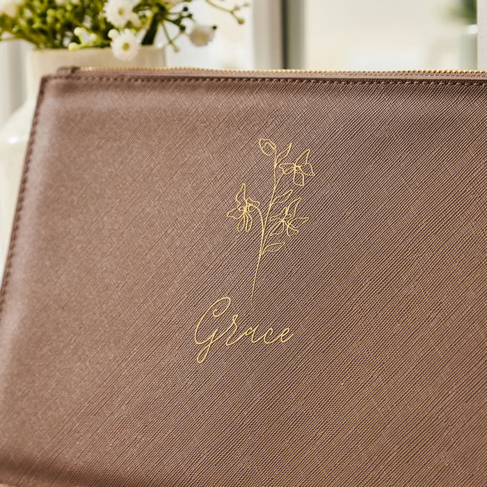 Personalised Taupe Birth Flower Name Pouch