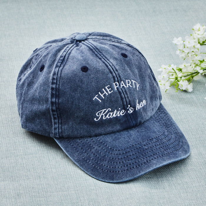 Personalised 'The Party' hen do Cap in Denim Blue