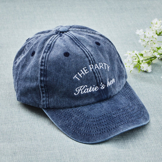 Personalised 'The Party' hen do Cap in Denim Blue