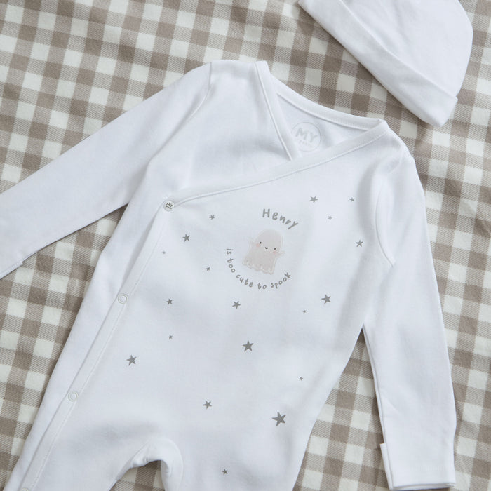 Personalised Too Cute To Spook Wrap Sleepsuit & Hat Set
