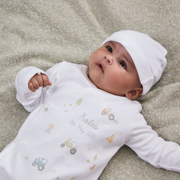 Personalised Tractor All-Over Print Wrap Sleepsuit & Hat Gift Set