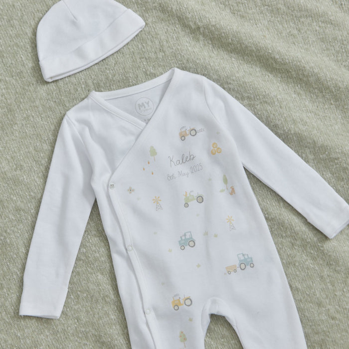 Personalised Tractor All-Over Print Wrap Sleepsuit & Hat Gift Set