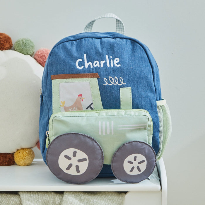 Personalised Tractor Denim Medium Character Backpack