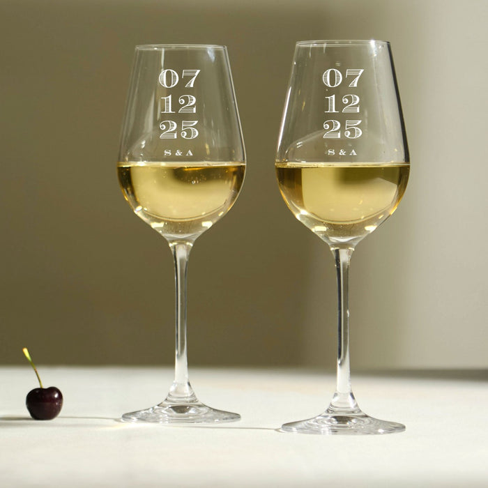 Personalised Wedding Date Crystal White Wine Glasses