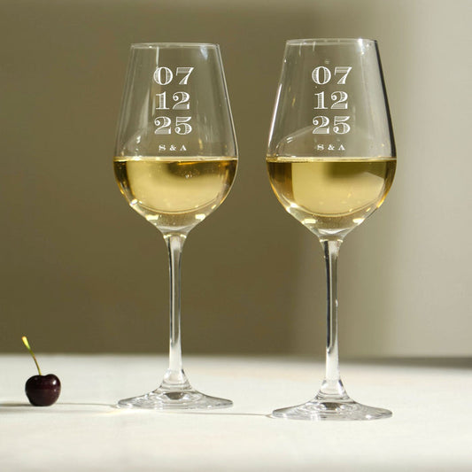 Personalised Wedding Date Crystal White Wine Glasses