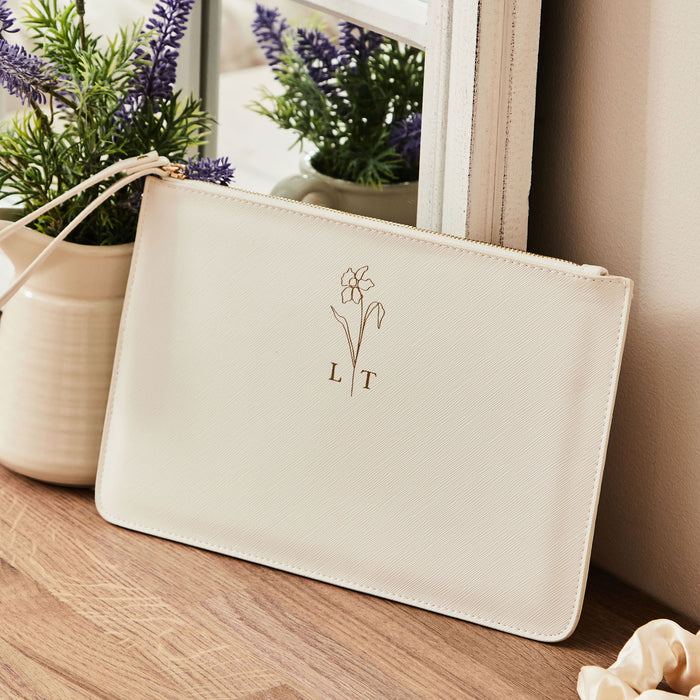 Personalised White Birth Flower Monogrammed Pouch