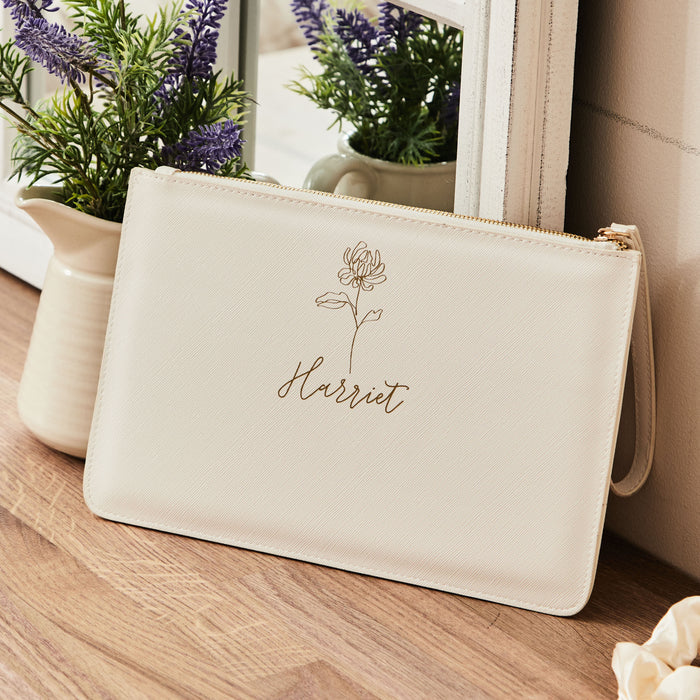 Personalised White Birth Flower Name Pouch