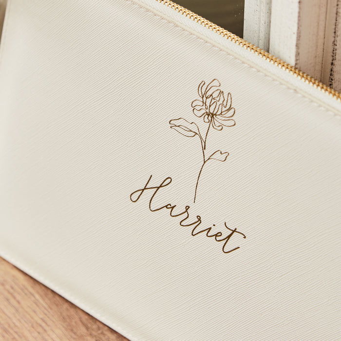 Personalised White Birth Flower Name Pouch