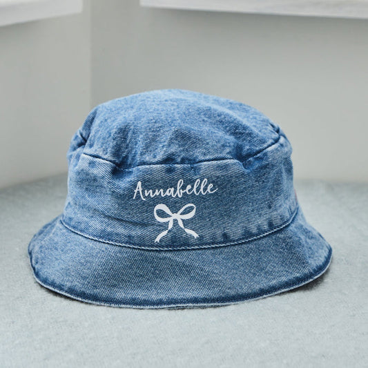 Personalised White Bow Denim Bucket Hat