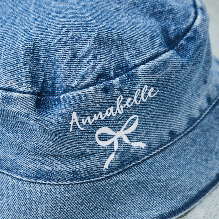 Personalised White Bow Denim Bucket Hat