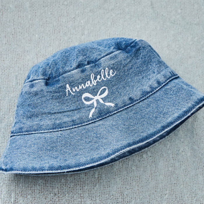Personalised White Bow Denim Bucket Hat