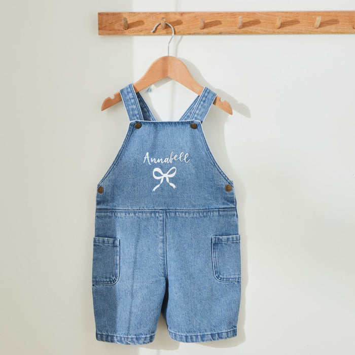 Personalised White Bow Denim Dungarees