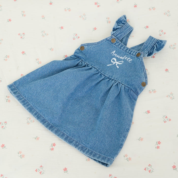Personalised White Bow Denim Pinny Dress