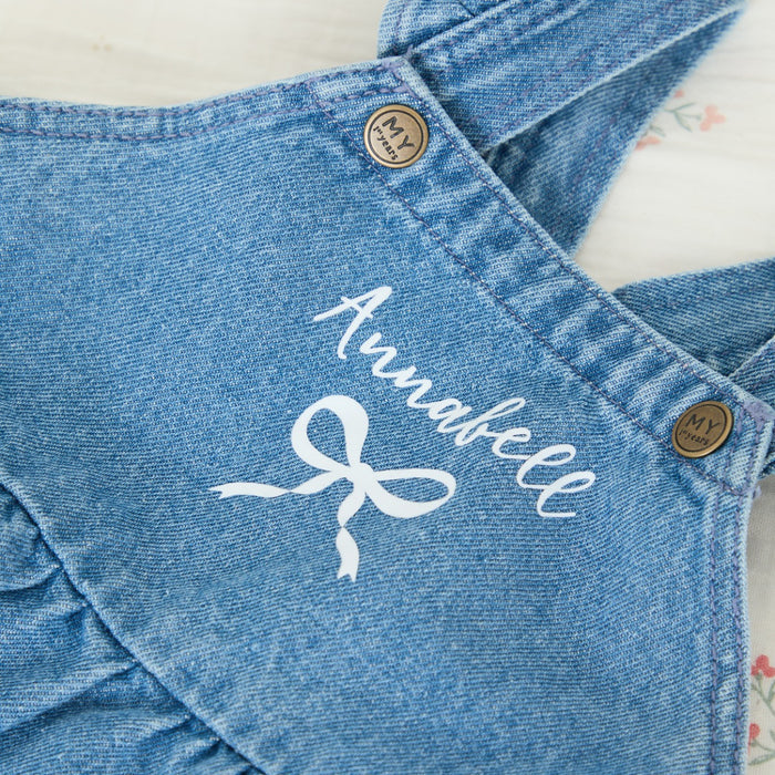 Personalised White Bow Denim Pinny Dress