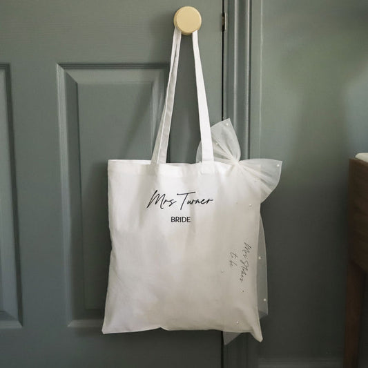 Personalised White Bride Tote Bag with Script Font