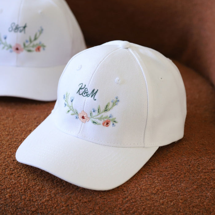 Personalised Wildflower Couple's Initials Embroidered White Cap