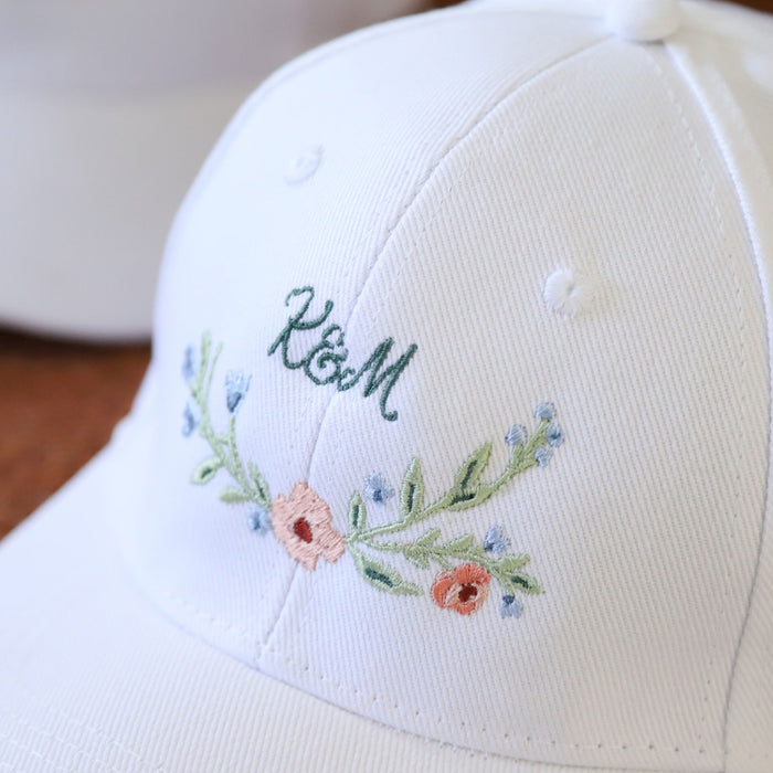 Personalised Wildflower Couple's Initials Embroidered White Cap