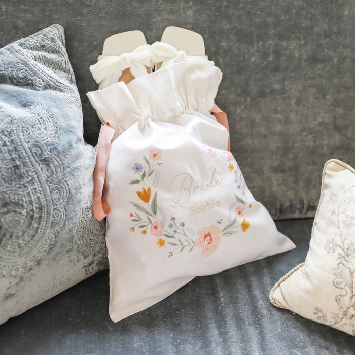 Personalised Wildflower Wedding Embroidered Keepsake Drawstring Bag