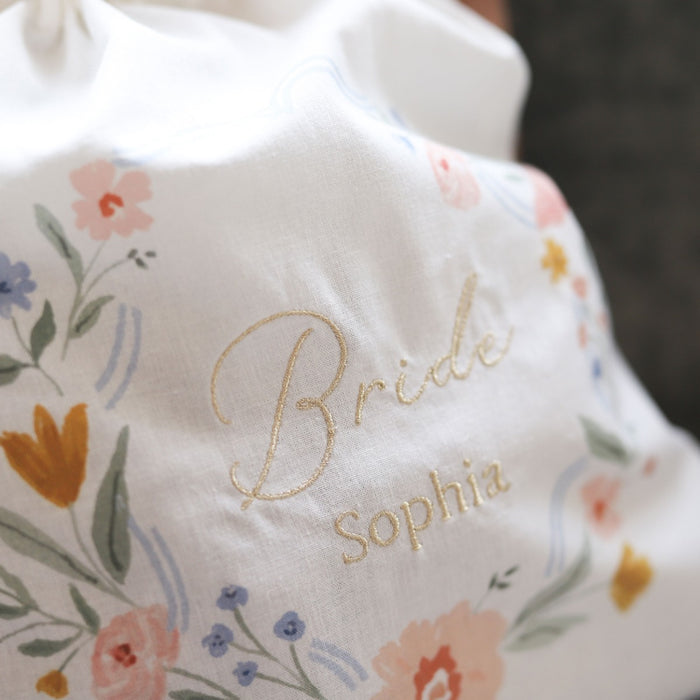 Personalised Wildflower Wedding Embroidered Keepsake Drawstring Bag