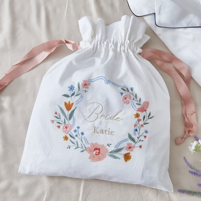 Personalised Wildflower Wedding Embroidered Keepsake Drawstring Bag