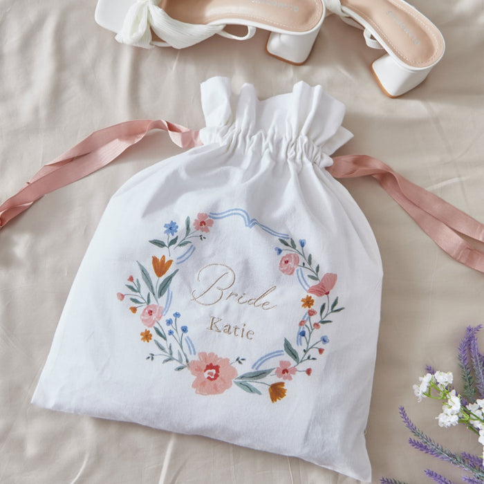 Personalised Wildflower Wedding Embroidered Keepsake Drawstring Bag