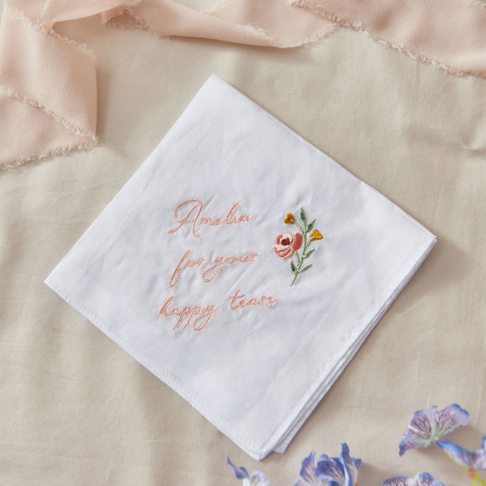 Personalised Wildflower Wedding Happy Tears Satin Edge Handkerchief