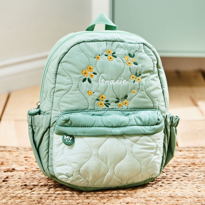 Personalised Yellow Flower Sage Quilted Medium Backpack