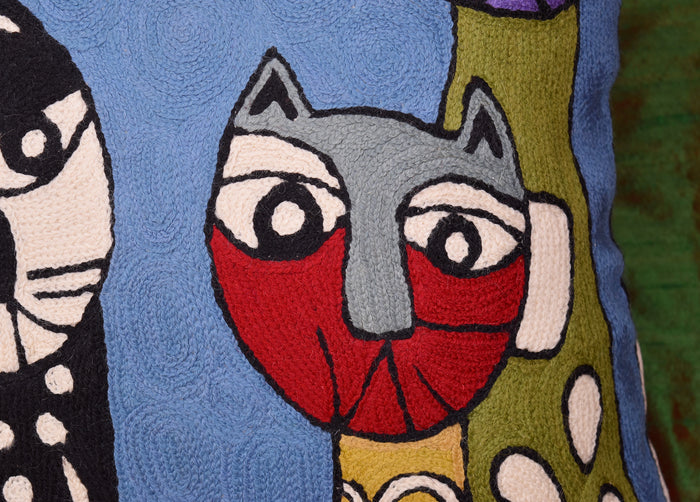 Picasso Blue Cat Pillow Cover Quadruplets Whimsical Hand Embroidered Wool 18x18" - KashmirDesigns