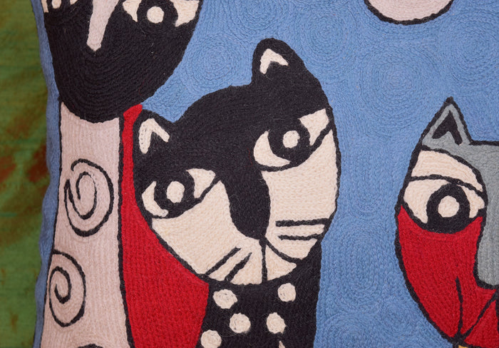 Picasso Blue Cat Pillow Cover Quadruplets Whimsical Hand Embroidered Wool 18x18" - KashmirDesigns