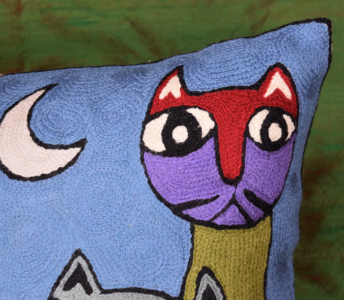 Picasso Blue Cat Pillow Cover Quadruplets Whimsical Hand Embroidered Wool 18x18" - KashmirDesigns