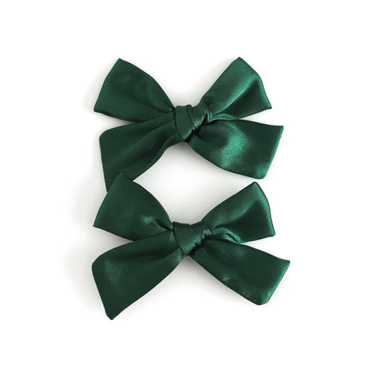 girls forest green satin pigtail bows on clips