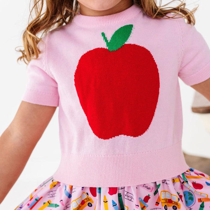 girls pink with red apple knit sweater tee for back to school