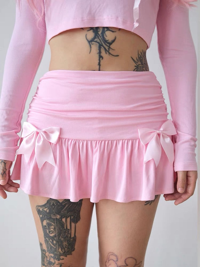 ♡ Pink Bow Balletcore Pleated Mini Skirt ♡