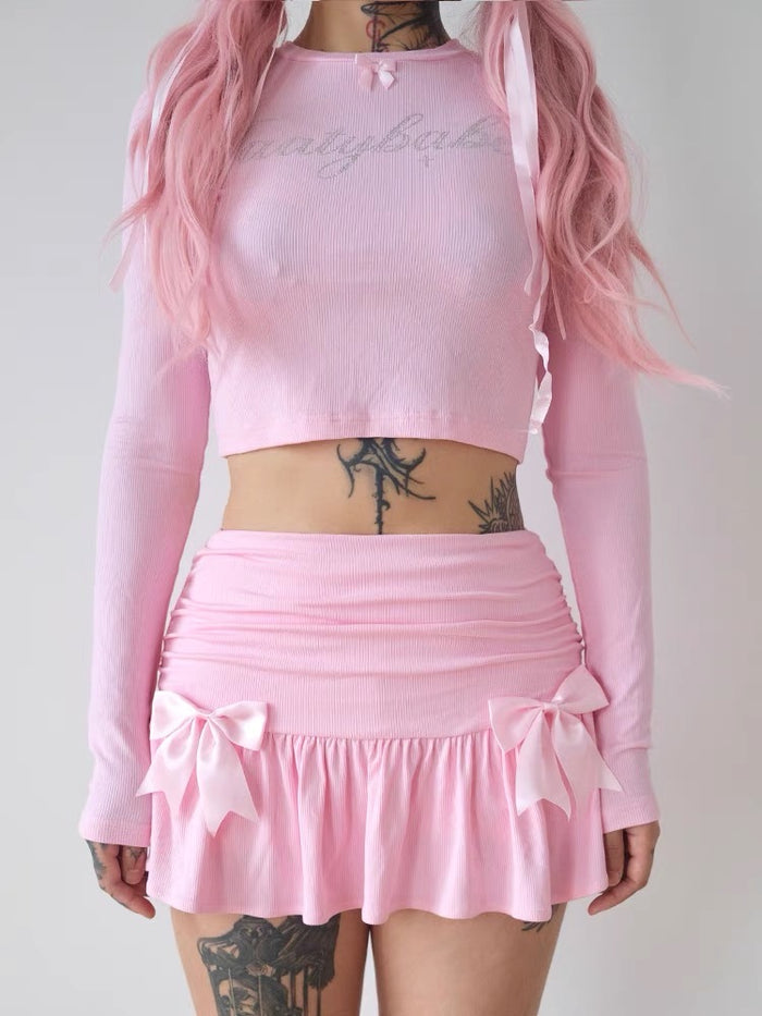 ♡ Pink Bow Balletcore Pleated Mini Skirt ♡