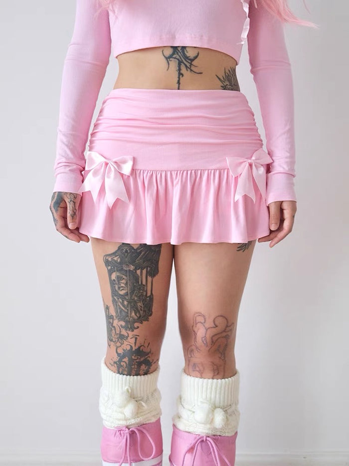 ♡ Pink Bow Balletcore Pleated Mini Skirt ♡