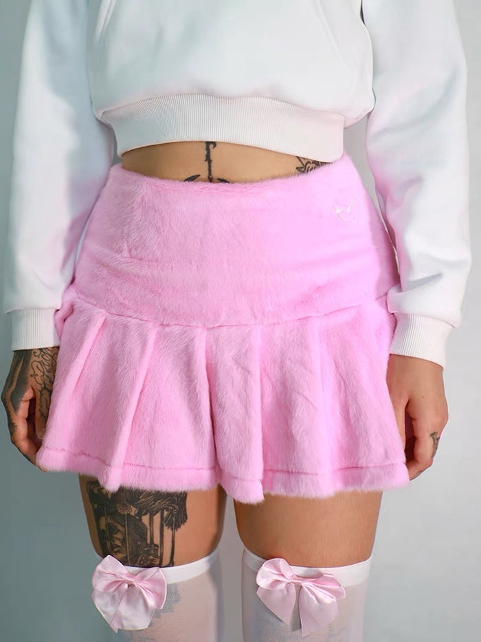♡ Pink Plush Pleated Mini Skirt ♡