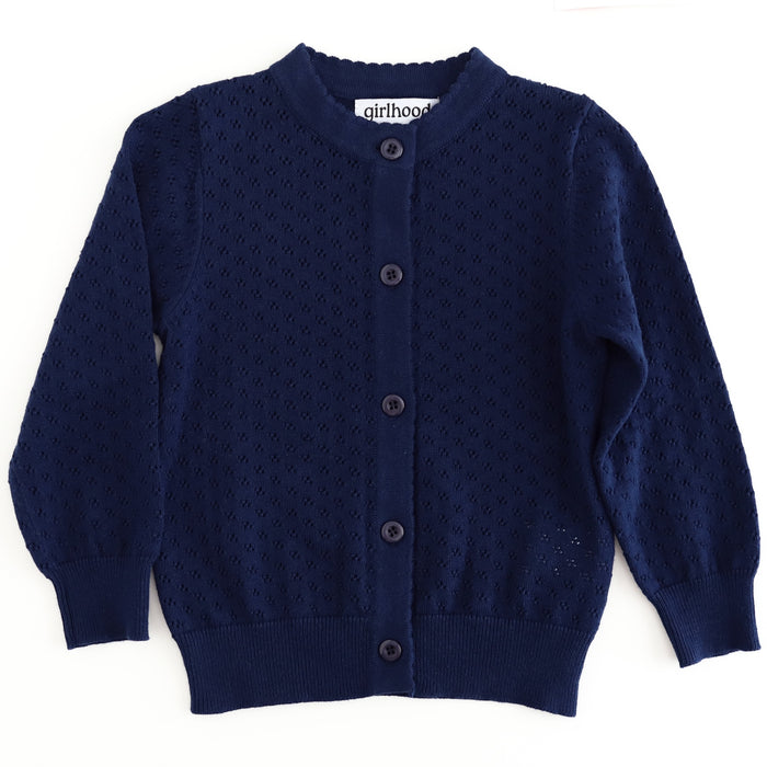 girls' navy blue pointelle knit cardigan with scalloped trim and button front for school
