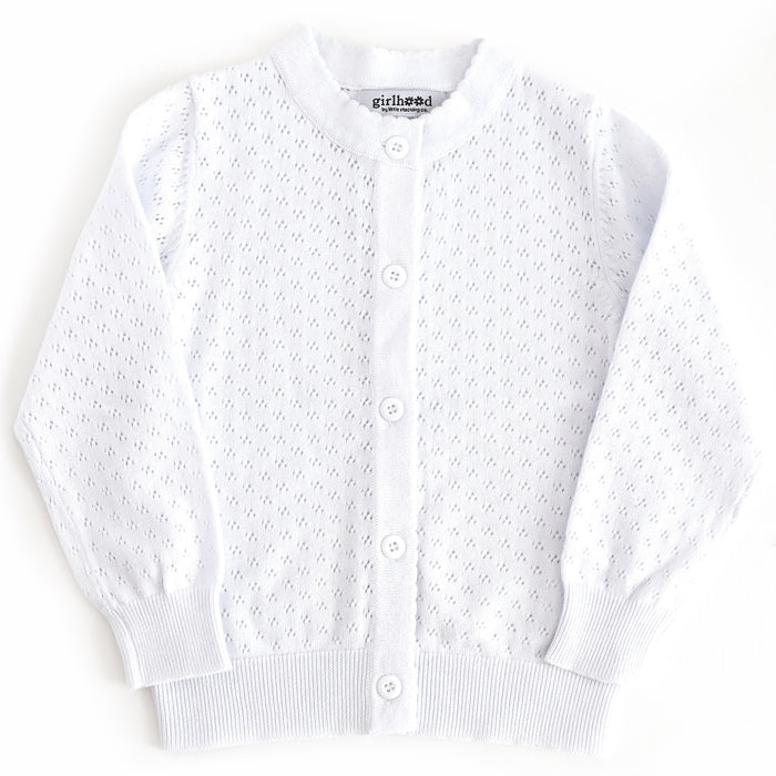 girls' white cotton knit pointelle cardigan with scalloped trim and buttons