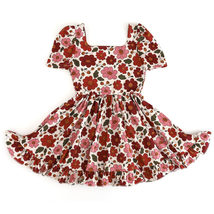 girls cream square neck twirl dress with rust and mauve flower print
