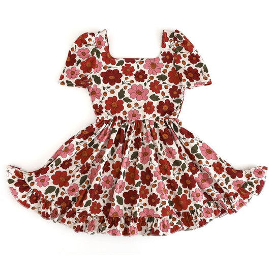 girls cream square neck twirl dress with rust and mauve flower print