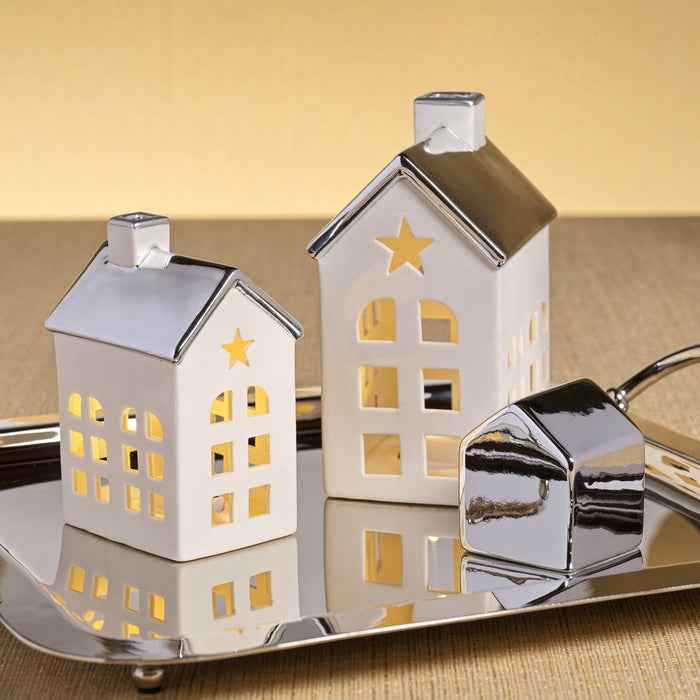 Porcelain LED House with Silver Roof - Christmas Decor by Carlyle Avenue